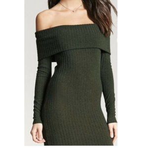 off the shoulder green sweater dress